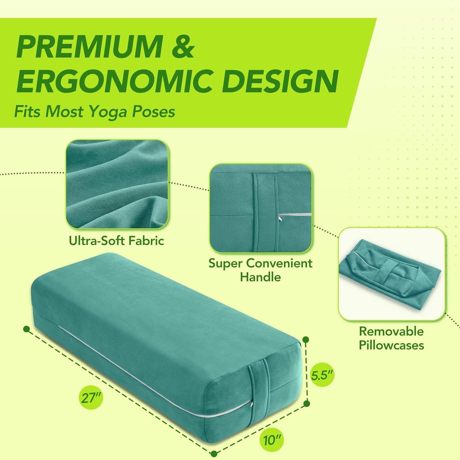 Rectangular Yoga Bolster - Meditation Pillow with Washable Suede Cover, 27"X10" X5.5" - Image 2