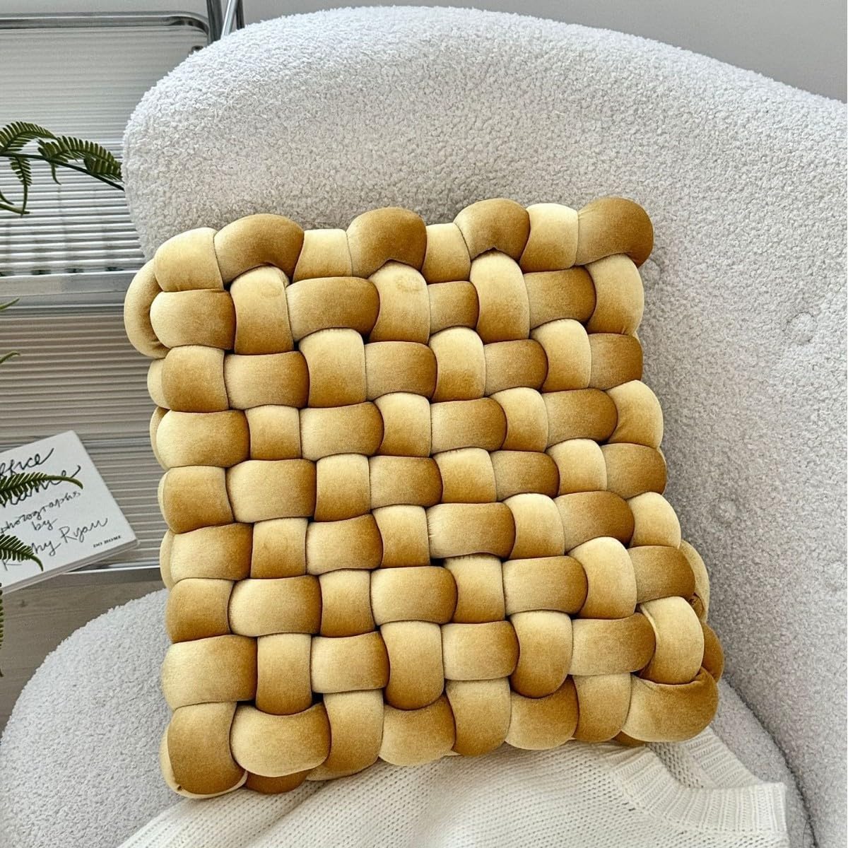 Square Knot Pillow Plush Seat Cushion Meditation Floor Pillow Decorative Throw Pillow for Couch Sofa Bed (Gold, 16 inch)