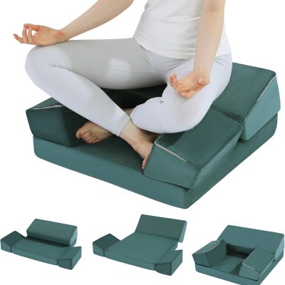 Large Meditation Cushion Foam Meditation Pillows for Sitting on Floor, Yoga Pillow for Adult, Meditation Mat with 2 Knee Cushions and Hip Support-3 Shapes for Different People, Green