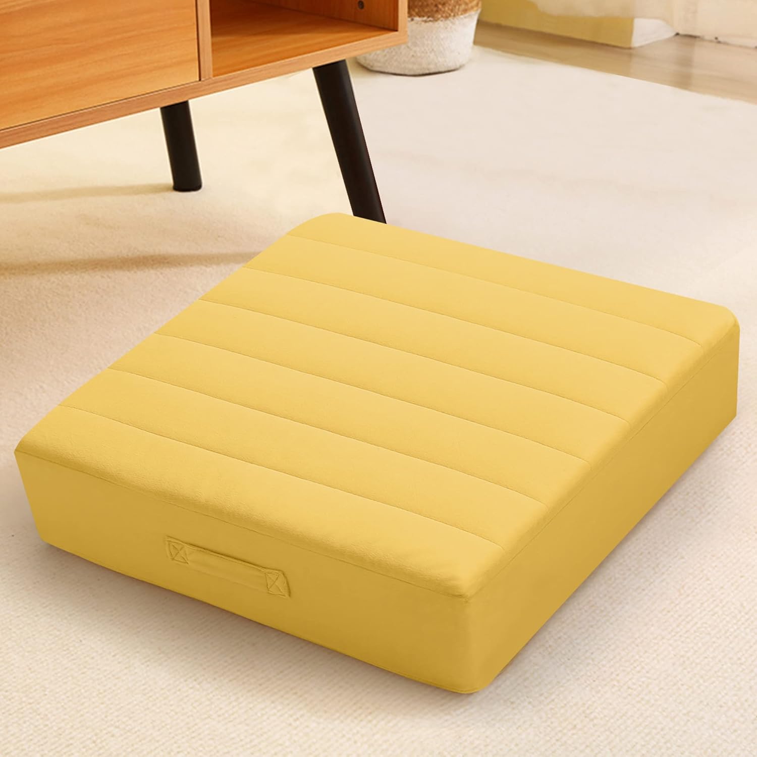 Large Square Floor Pillow, Yellow Meditation Cushion with Thick Foam and Soft Tufted Washable Cover, Big Floor Seat for Adults, Kids, Sitting, and Yoga, 24-Inch