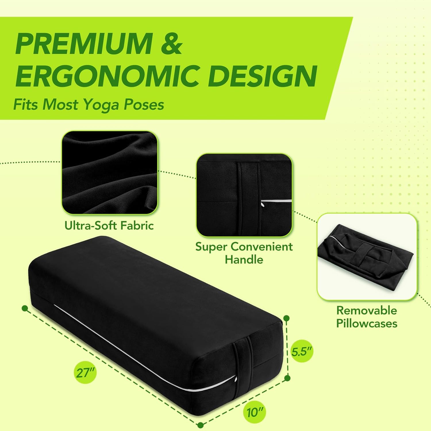 Rectangular Yoga Bolster - Meditation Pillow with Washable Suede Cover, 27"X10" X5.5" - Image 2