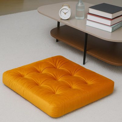 Velvet Floor Pillow for Adults, Tufted Square Cushion for Meditation, Yoga, Living Room, Chair, and Tatami Seating, 22x22 Inch (Dark Navy, 1pack) (Orange, 1pack)