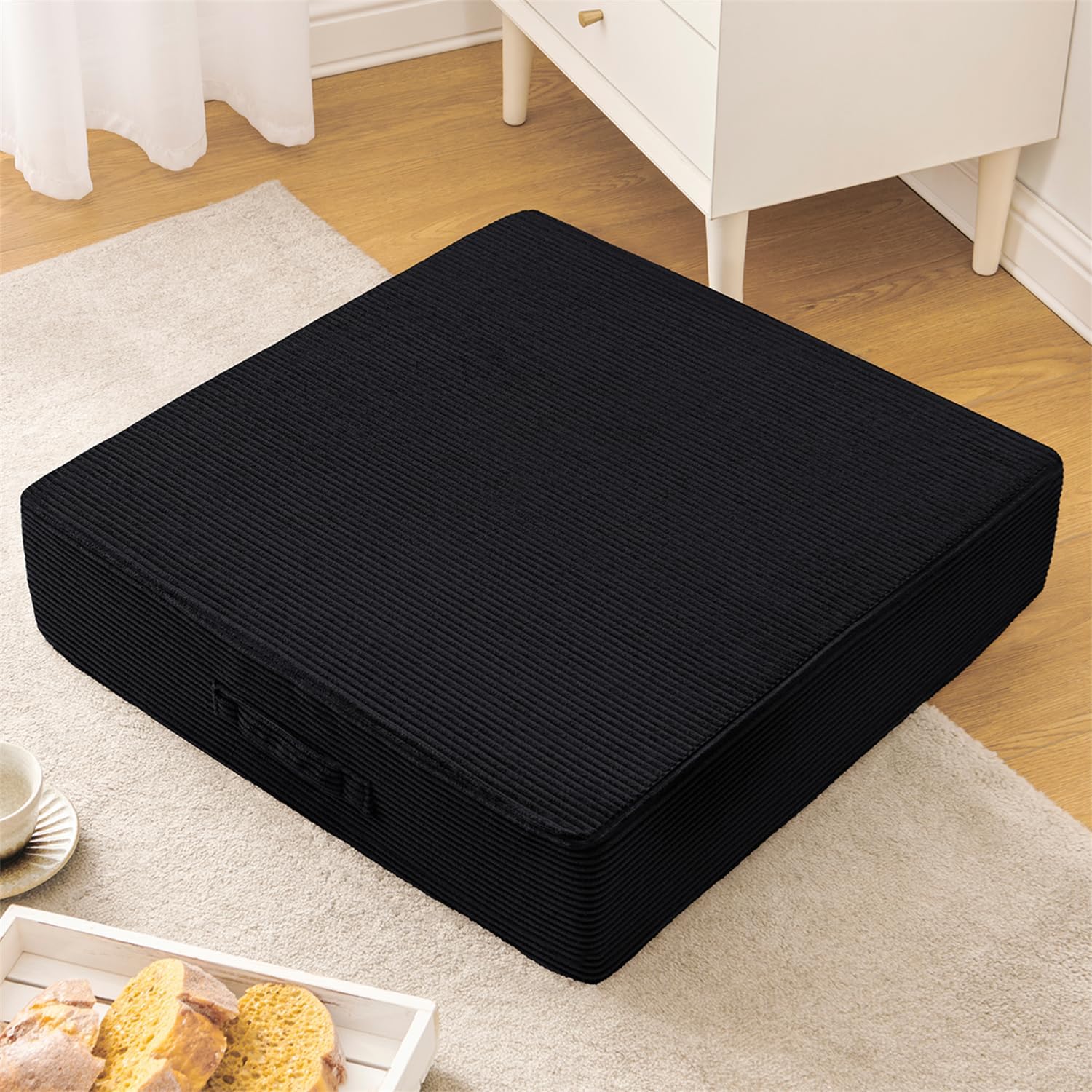 Solid Square Floor Pillows for Adults Kids - Large Meditation Floor Pillow Seating Cushion with Thick Foam & Washable Velvet Cover, 1 Pack, 22x22x5 Inch, Black