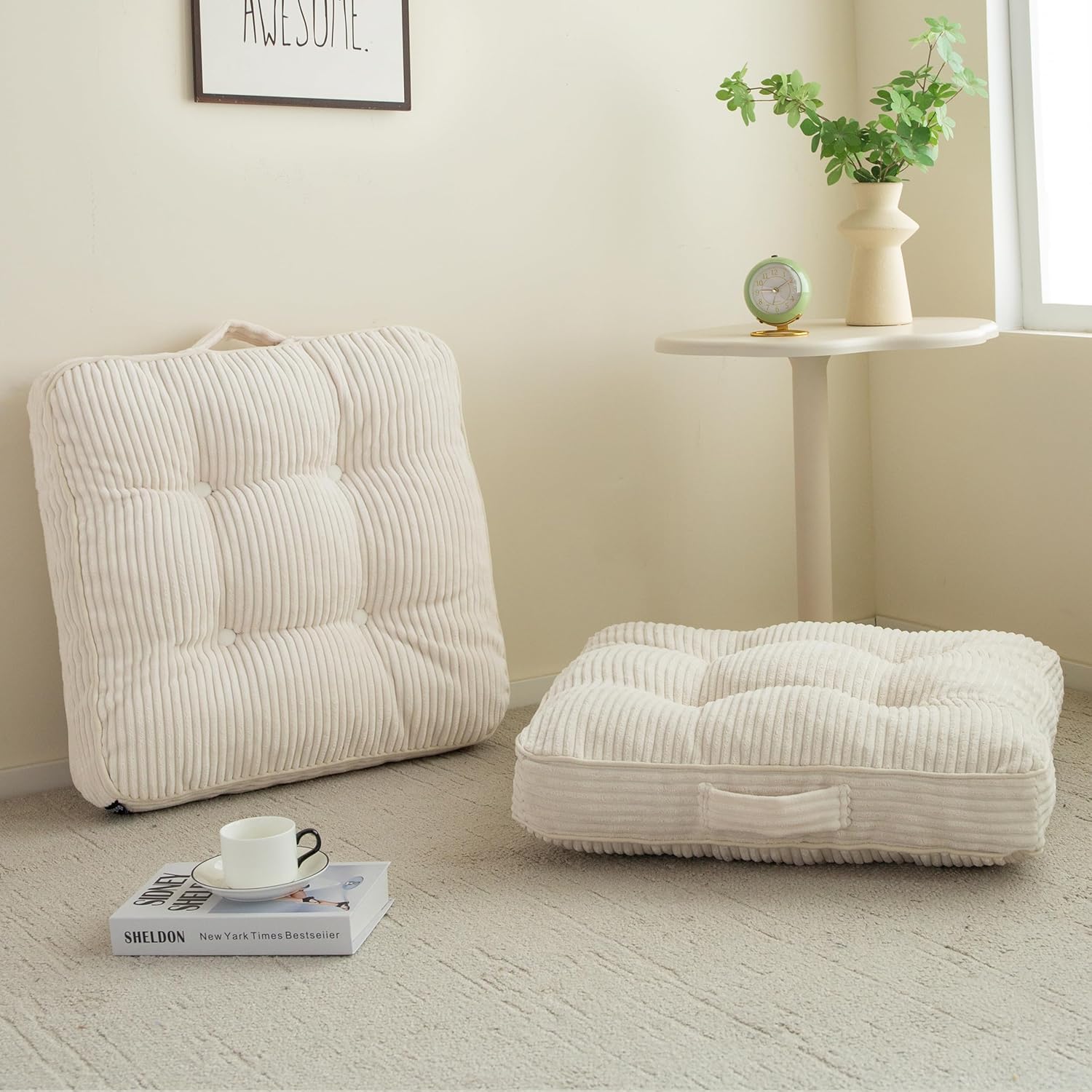 Washable Floor Pillow Cushion for Adults, Meditation Cushion Pillow, Large Square Floor Sitting, Removable Tufted Corduroy Cover, for Tatami Living Room or Yoga, 22x22 Inch, 2Pack, Machine Washable