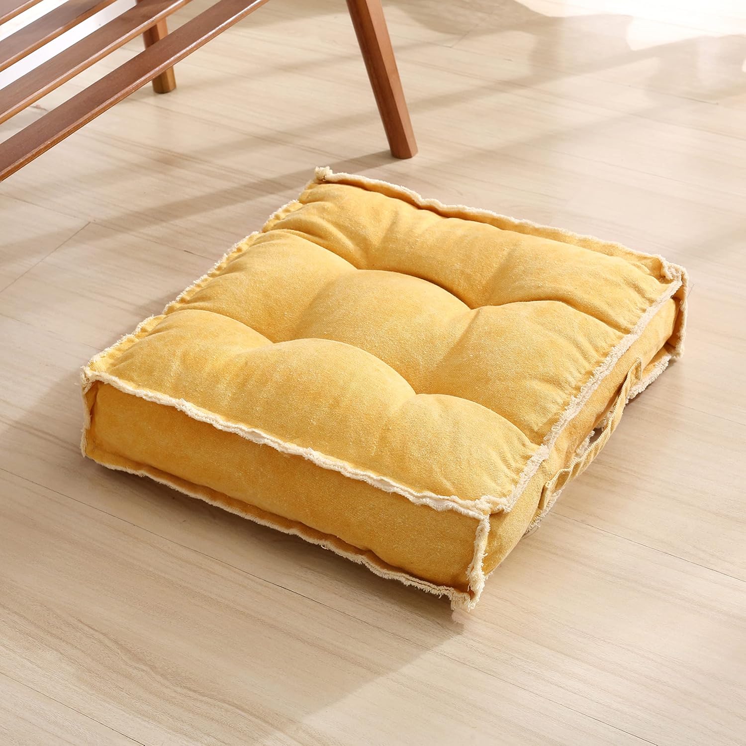Square Thick Floor Seating Cushions,Solid Thick Tufted Cushion Meditation Pillow for Sitting on Floor,Tatami Pad for Guests or Kids Reading Nook, Yoga Living Room Sofa Balcony Outdoor(Yellow)